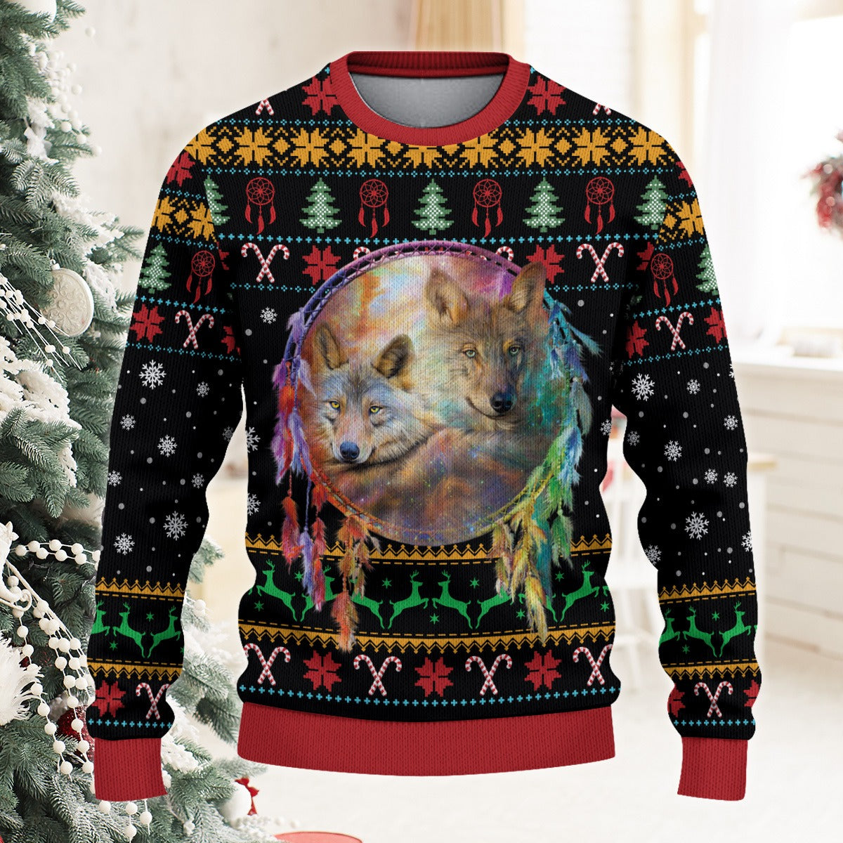 Native American Wolf With A Dreamcatcher Christmas Ugly Sweatshirt