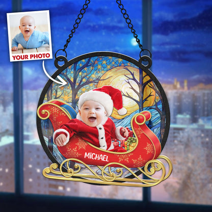 Personalized Baby Face Photo Red Wagon Christmas Hanging Suncatcher Ornament