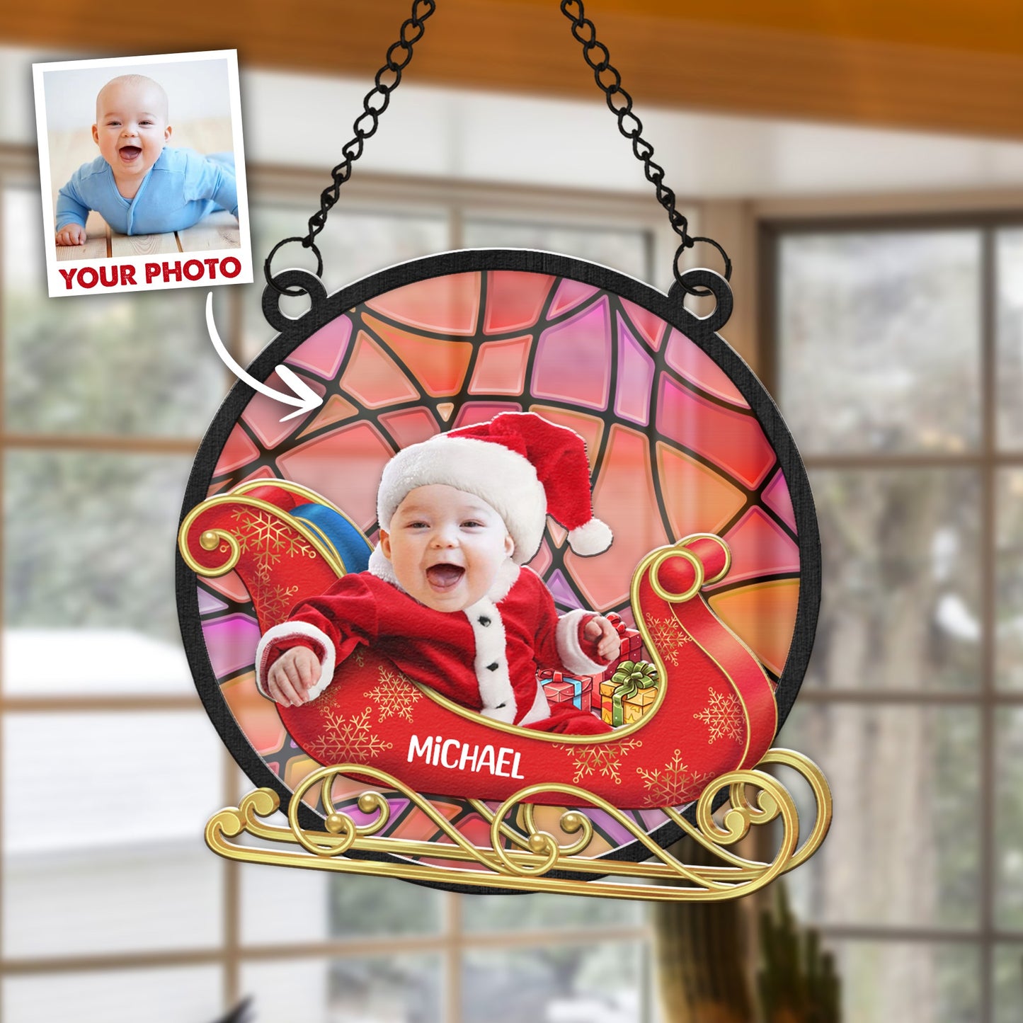 Personalized Baby Face Photo Red Wagon Christmas Hanging Suncatcher Ornament