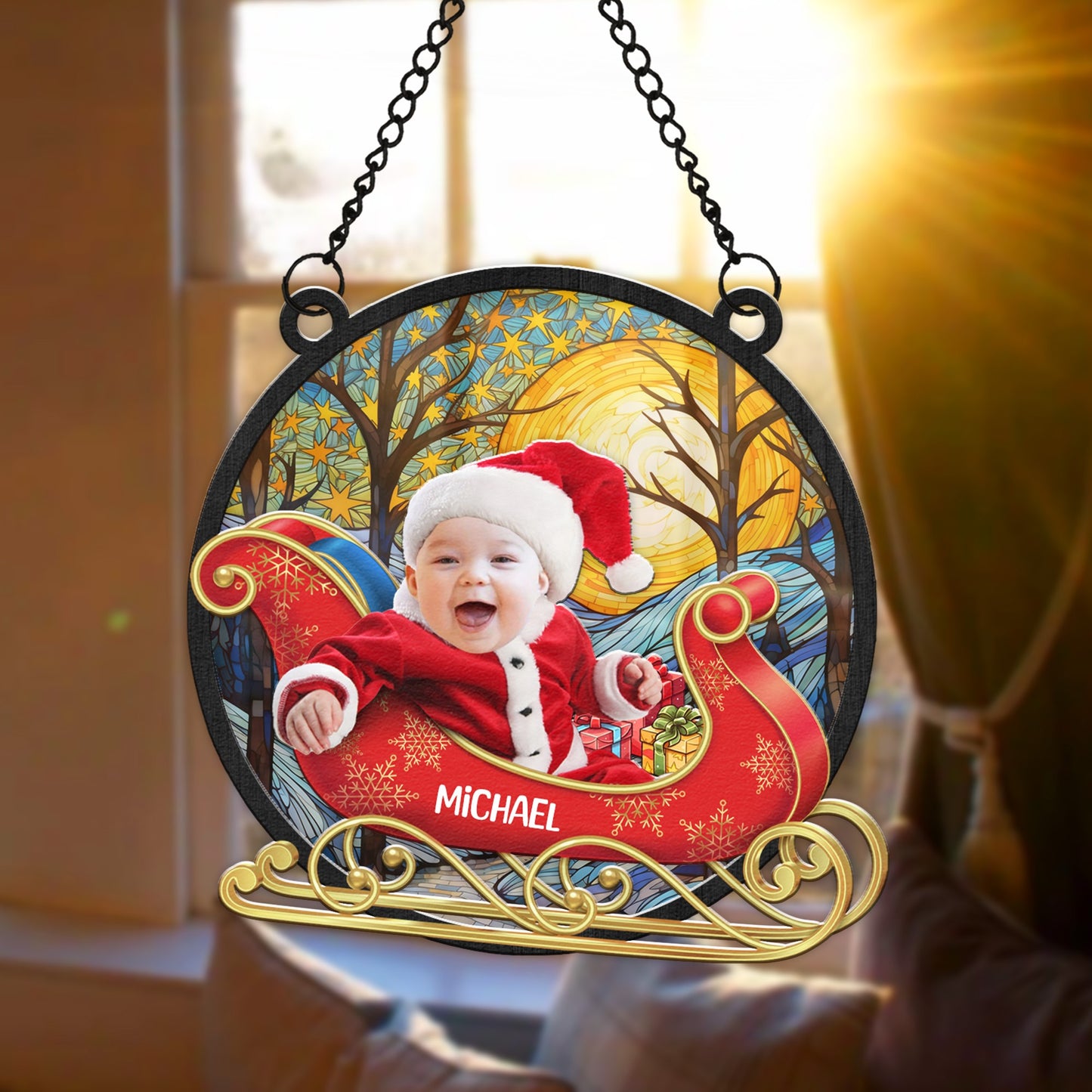 Personalized Baby Face Photo Red Wagon Christmas Hanging Suncatcher Ornament