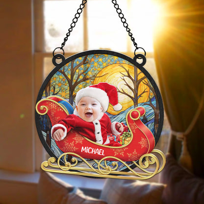 Personalized Baby Face Photo Red Wagon Christmas Hanging Suncatcher Ornament