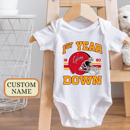 Personalized Baby Football First Year Down, Football First Birthday Baby Onesie