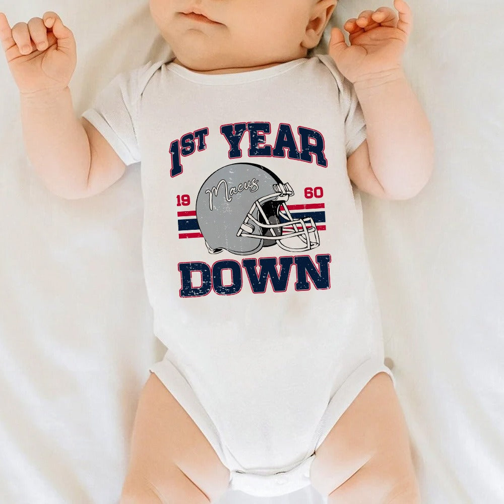 Personalized Baby Football First Year Down, Football First Birthday Baby Onesie