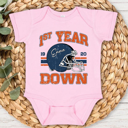 Personalized Baby Football First Year Down, Football First Birthday Baby Onesie