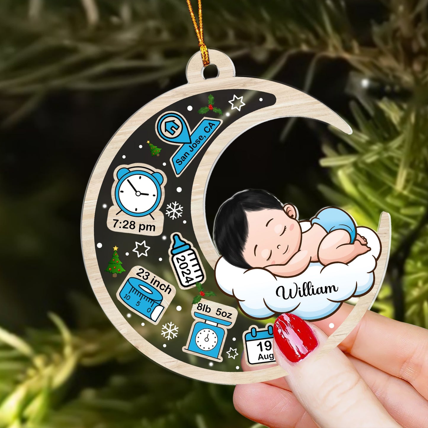 Personalized Baby Newborn, Baby Sleeping On Moon Christmas Acrylic Ornament