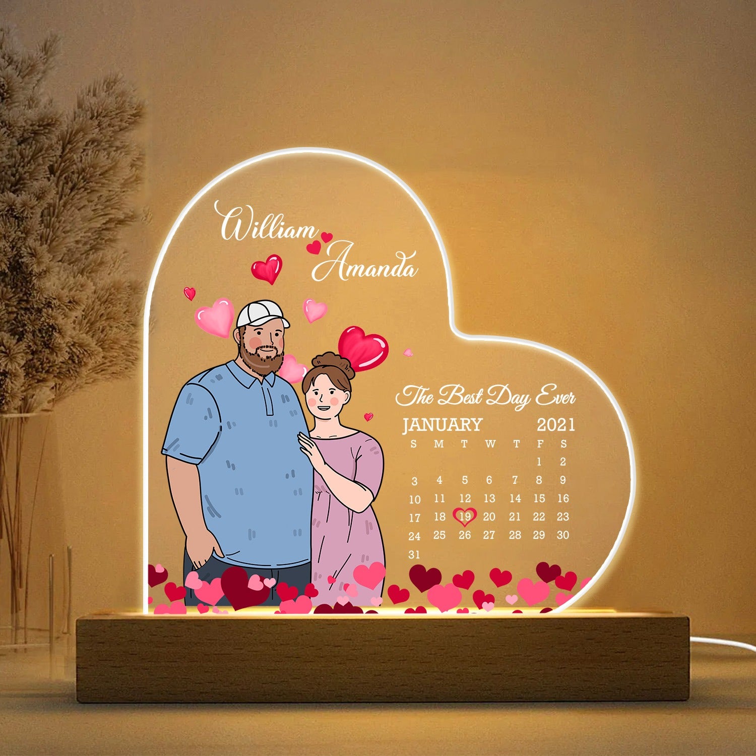 Personalized Calendar Couple Fat Funny Hugging The Best Day Ever Acrylic LED Light Night