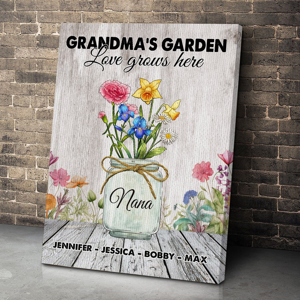 Personalized Grandma's Garden Custom Birth Month Flower Family Love Grows Here Poster Canvas