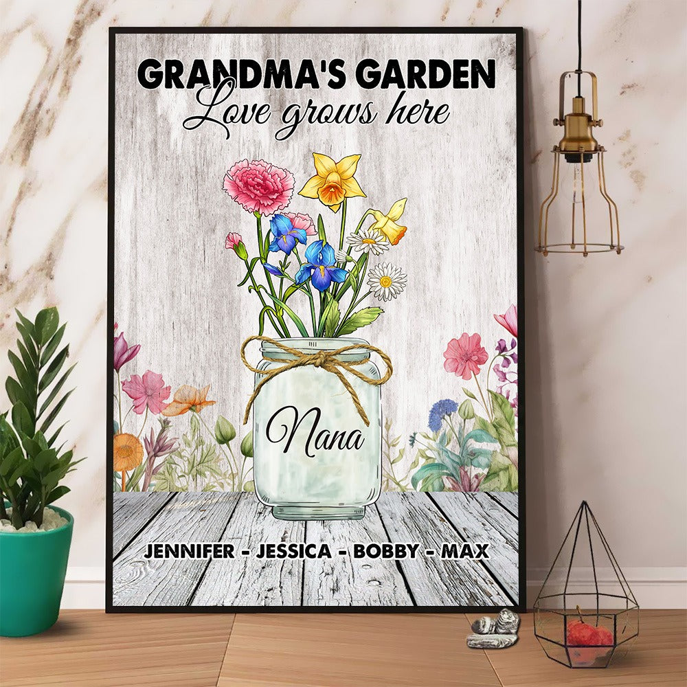 Personalized Grandma's Garden Custom Birth Month Flower Family Love Grows Here Poster Canvas