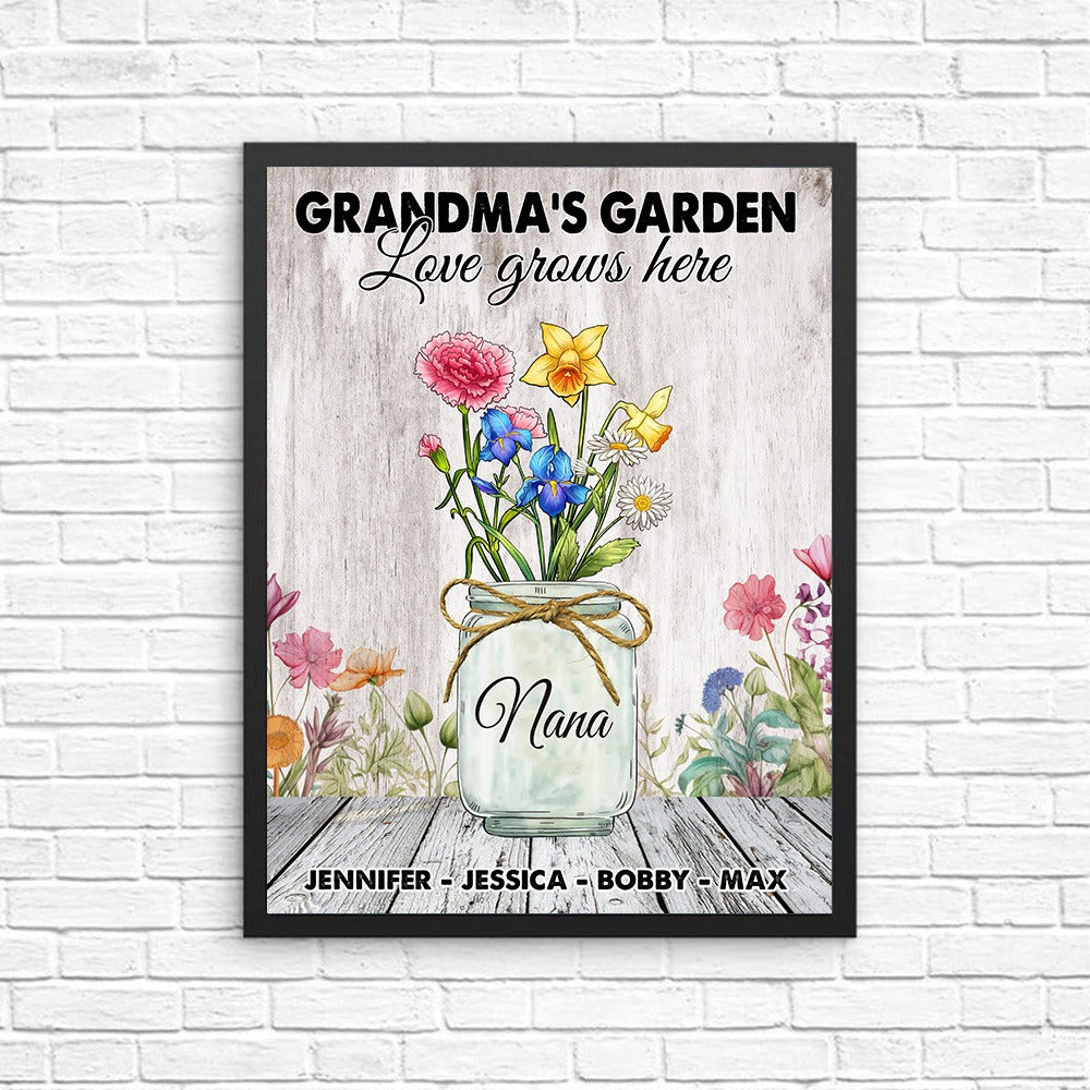 Personalized Grandma's Garden Custom Birth Month Flower Family Love Grows Here Poster Canvas