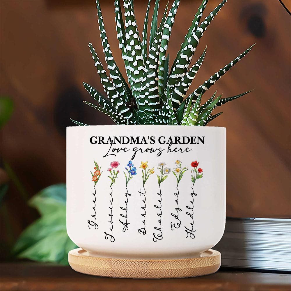custom birth month flower plant pot Personalized Grandma's Garden, Custom Birth Month Flower Family Love Grows Here Plant Pot, Grandma's Garden Plant Pot, Garden Of Love Custom Flower Pot, unique mothers day gifts, present ideas for grandma, Gifts