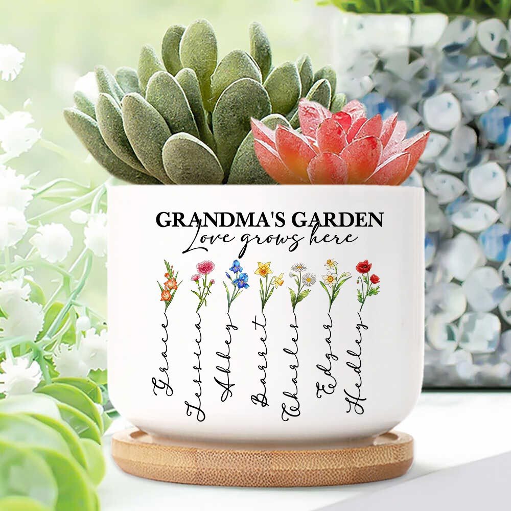 love grows here plant pot Personalized Grandma's Garden, Custom Birth Month Flower Family Love Grows Here Plant Pot, Grandma's Garden Plant Pot, Garden Of Love Custom Flower Pot, unique mothers day gifts, present ideas for grandma, Gifts