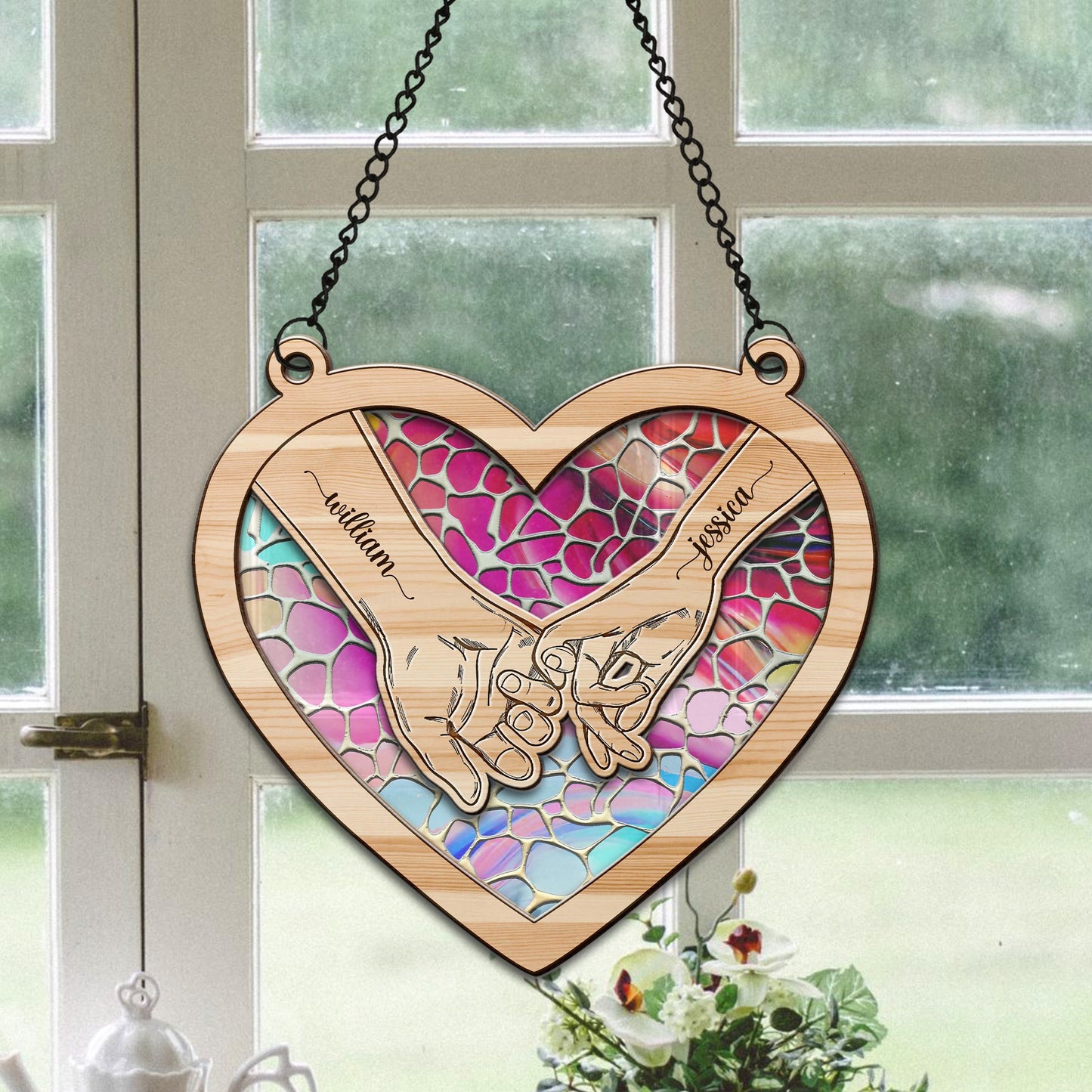 Personalized Lovers Couple Hands Heart Hanging Suncatcher Ornament