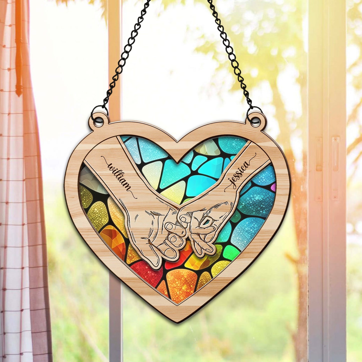 Personalized Lovers Couple Hands Heart Hanging Suncatcher Ornament