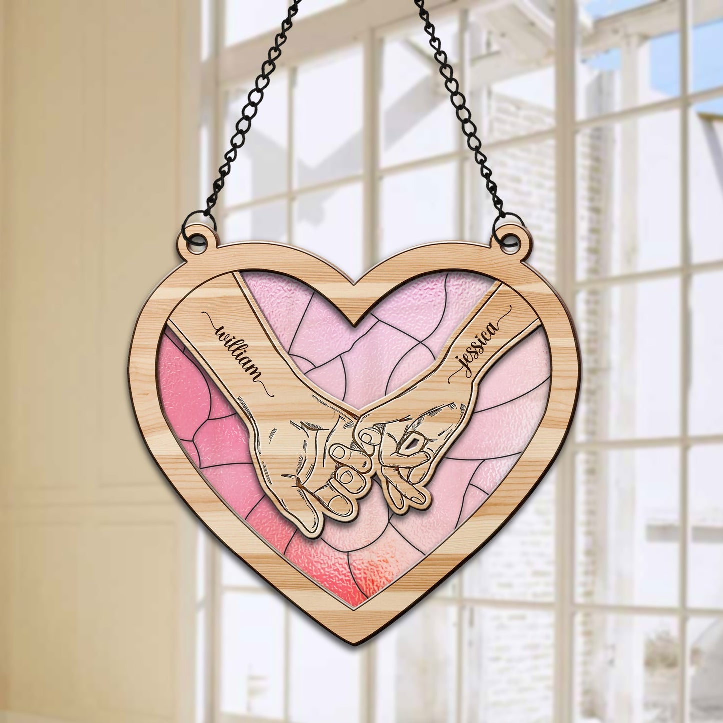 Personalized Lovers Couple Hands Heart Hanging Suncatcher Ornament