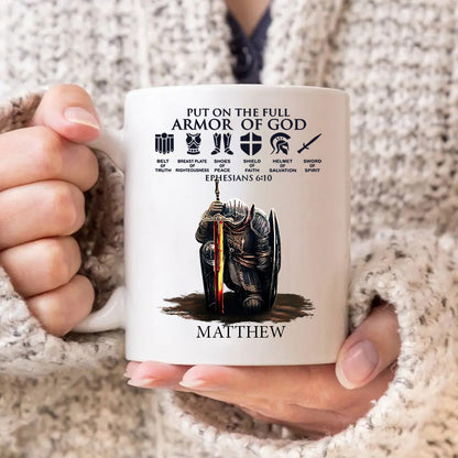 Personalized Man Warrior of God Put On The Full Armor of God Ephesians 6:10 White Mug