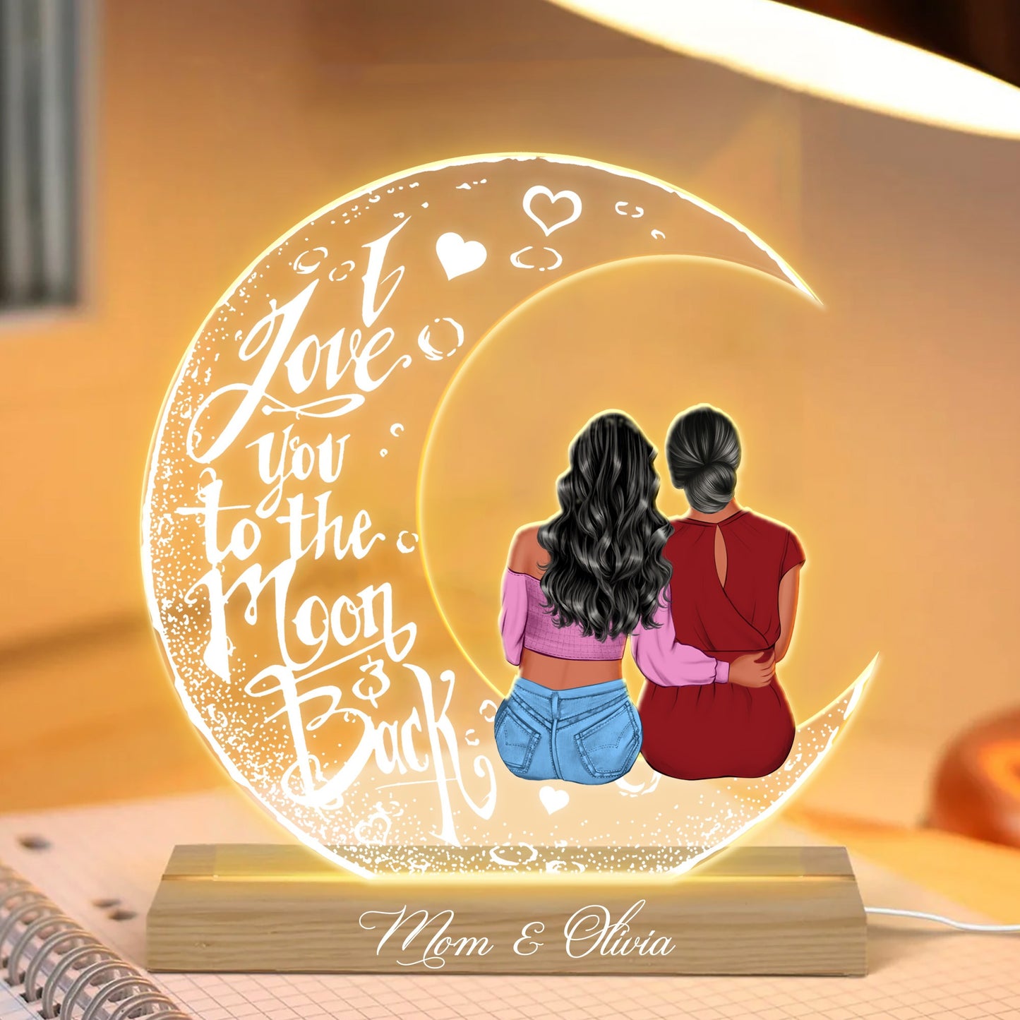 Personalized Mother And Daughters I Love You To The Moon And Back Acrylic Plaque LED Light Night