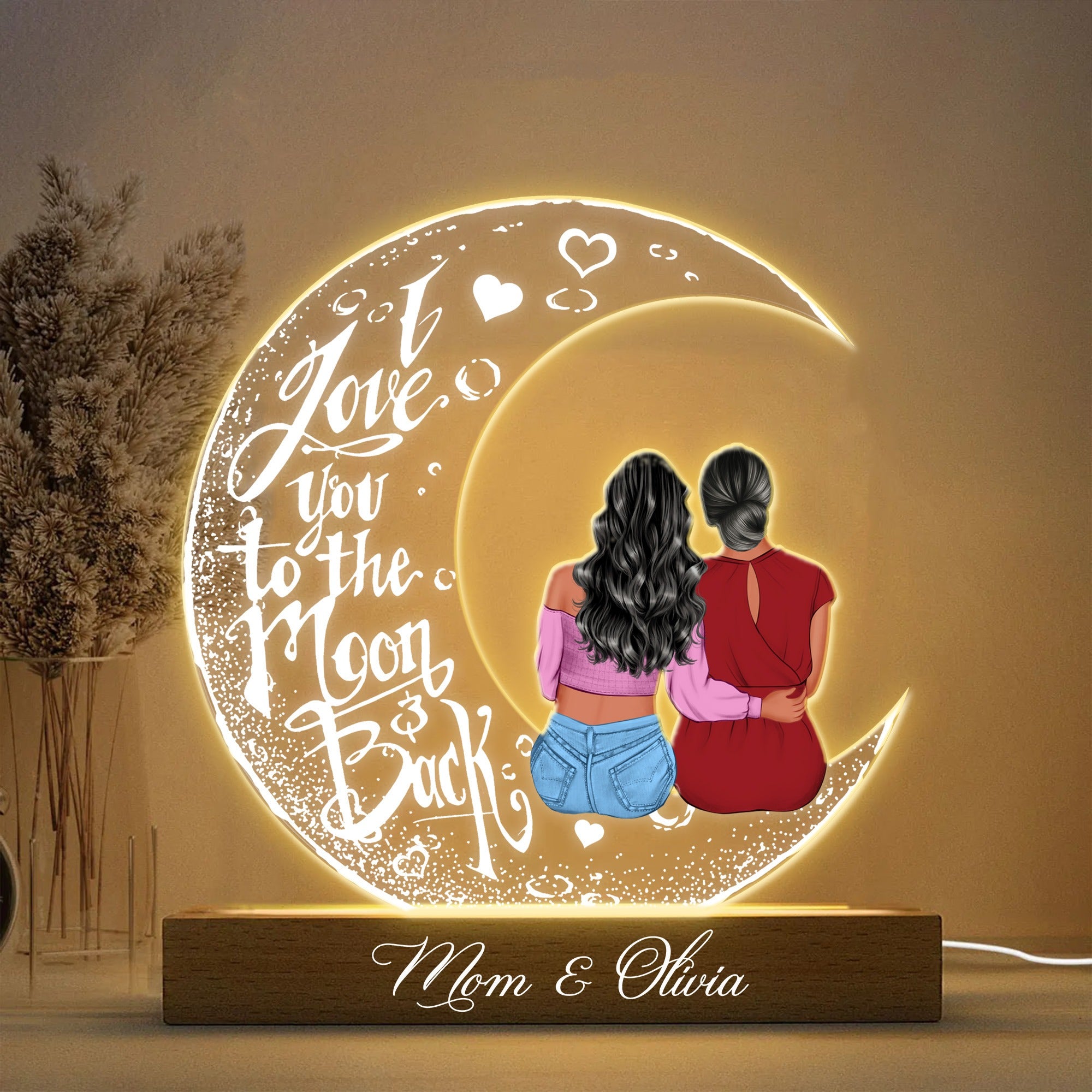 Personalized Mother And Daughters I Love You To The Moon And Back Acrylic Plaque LED Light Night
