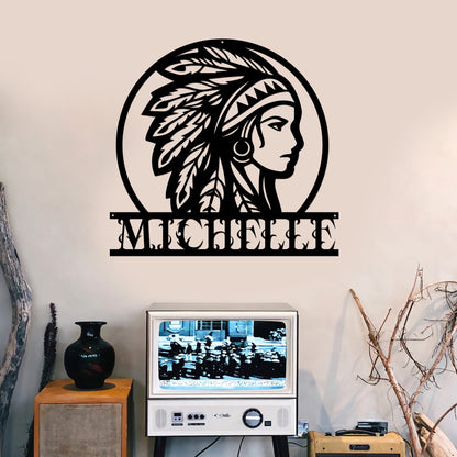 Personalized Native American Indian Chief Headdress Cut Metal Sign