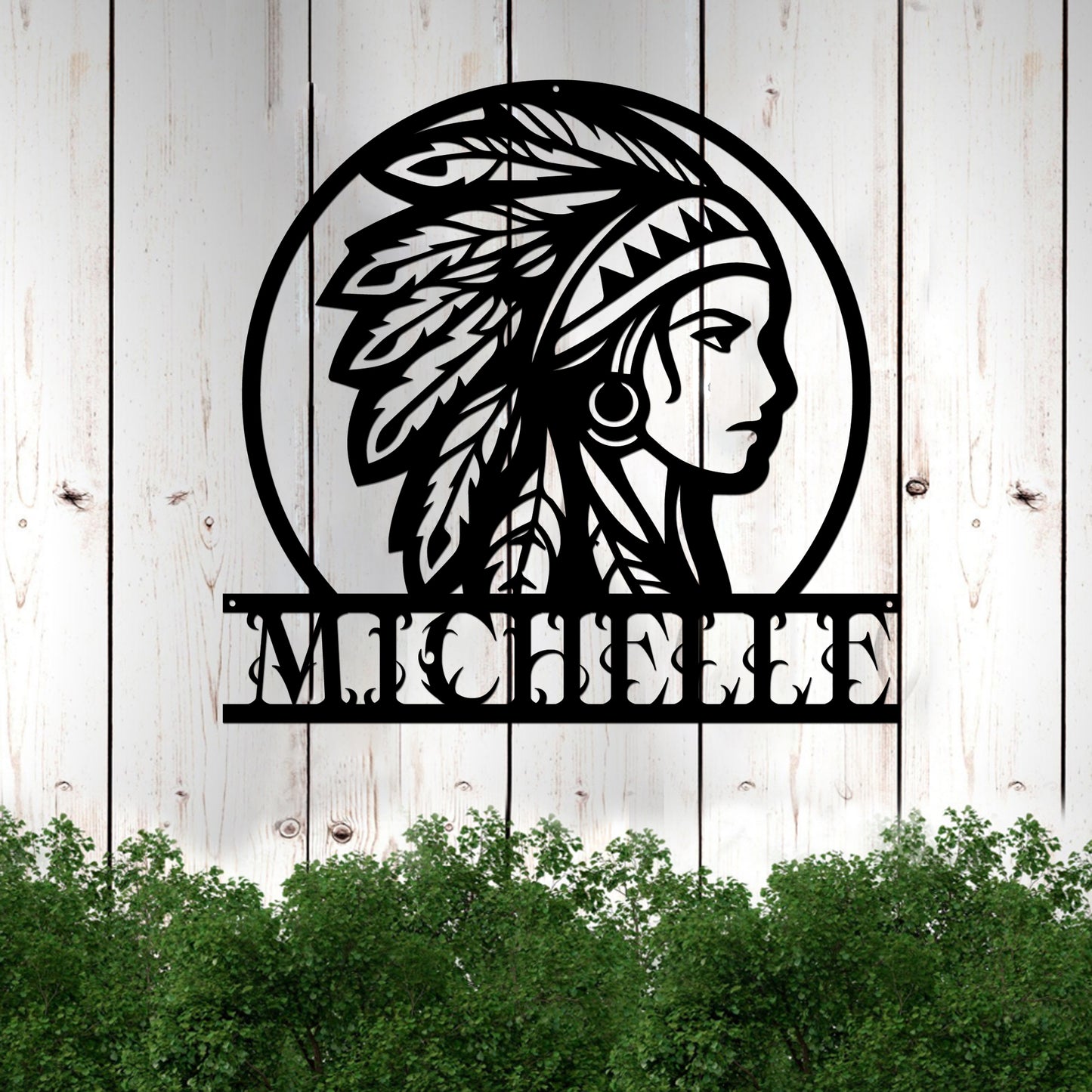 Personalized Native American Indian Chief Headdress Cut Metal Sign