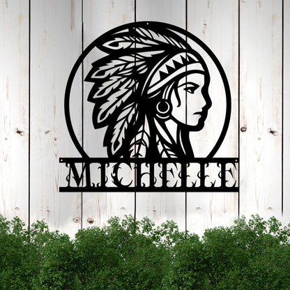 Personalized Native American Indian Chief Headdress Cut Metal Sign