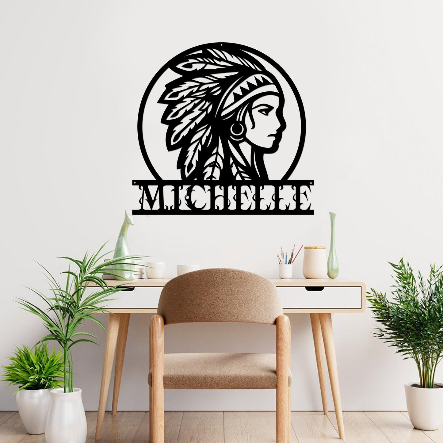 Personalized Native American Indian Chief Headdress Cut Metal Sign