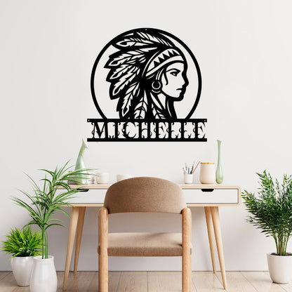 Personalized Native American Indian Chief Headdress Cut Metal Sign