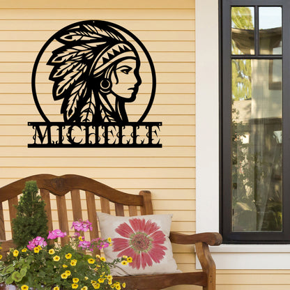 Personalized Native American Indian Chief Headdress Cut Metal Sign
