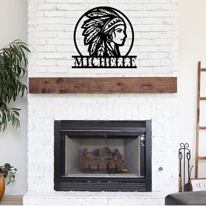 Personalized Native American Indian Chief Headdress Cut Metal Sign
