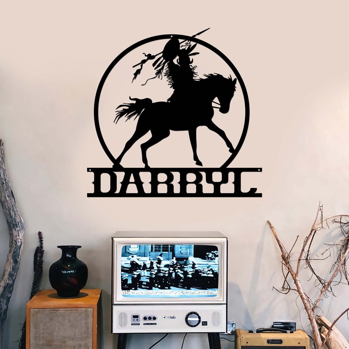 Personalized Native American Warrior on Horse Cut Metal Sign