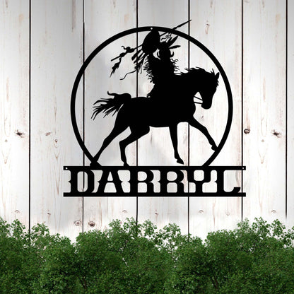 Personalized Native American Warrior on Horse Cut Metal Sign