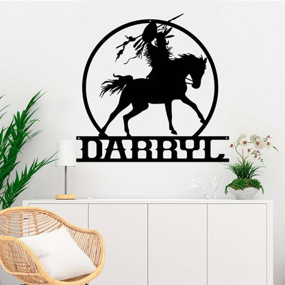 Personalized Native American Warrior on Horse Cut Metal Sign