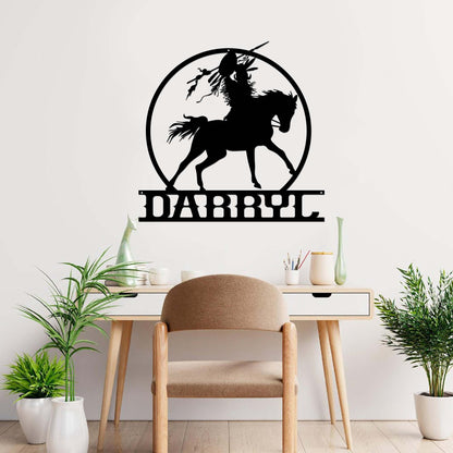 Personalized Native American Warrior on Horse Cut Metal Sign