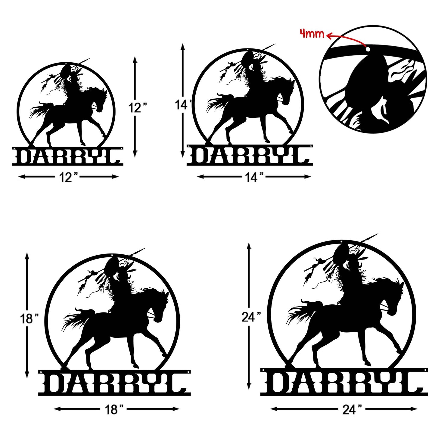 Personalized Native American Warrior on Horse Cut Metal Sign