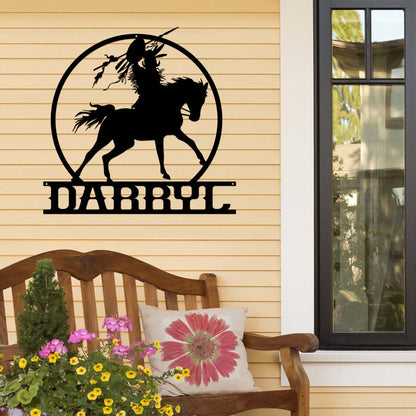 Personalized Native American Warrior on Horse Cut Metal Sign
