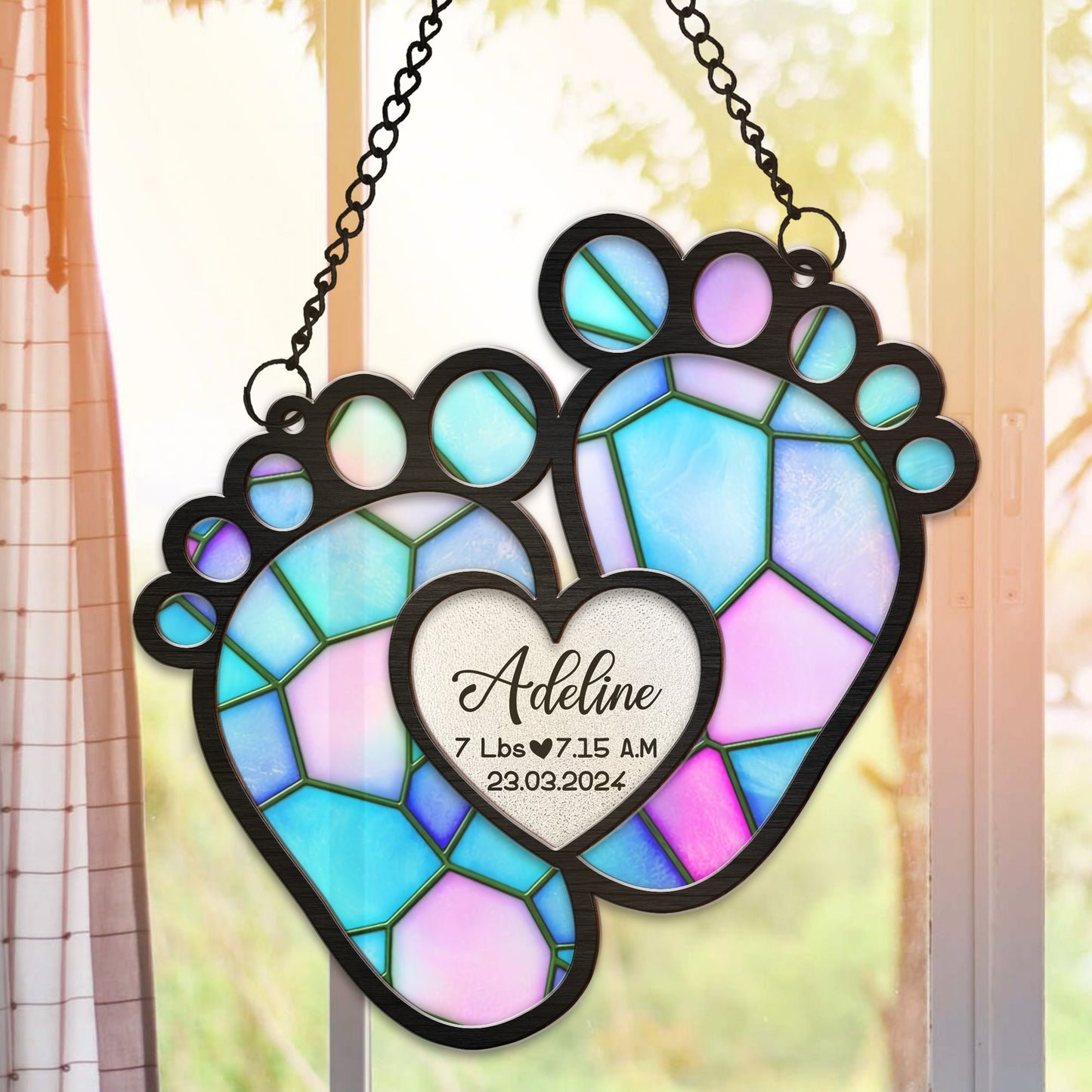 Personalized New Baby Foot With Love Heart Hanging Suncatcher Ornament