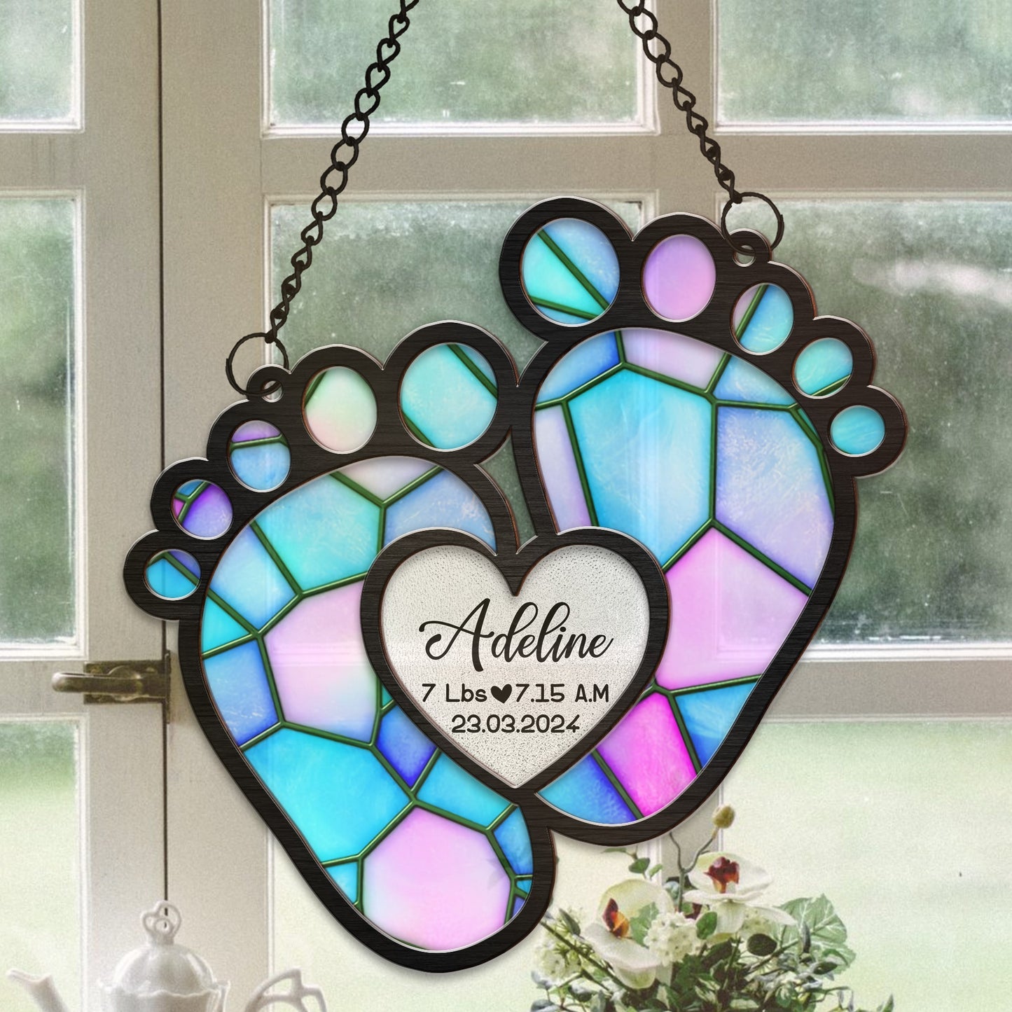 Personalized New Baby Foot With Love Heart Hanging Suncatcher Ornament