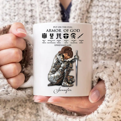 Personalized Woman Warrior of God Put On The Full Armor of God Ephesians 6-10 White Mug