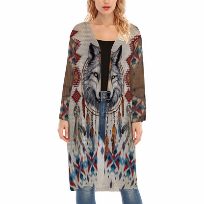 Tribal Native American Wolf and Dreamcatcher Ugly Cardigan