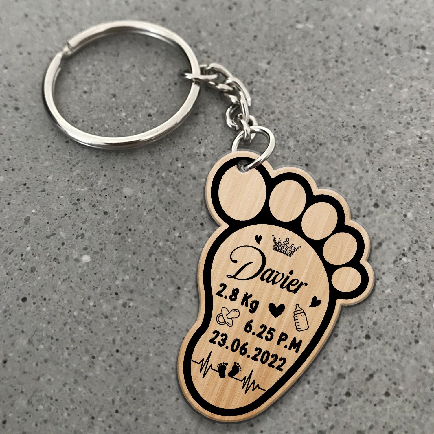 Personalized New Baby Feet Wooden Keychain