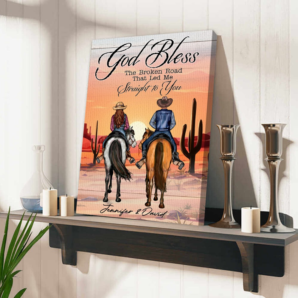 Personalized Cowboy Couple And Horse God Blessed The Broken Road That Led Me Straight To You Canvas Prints
