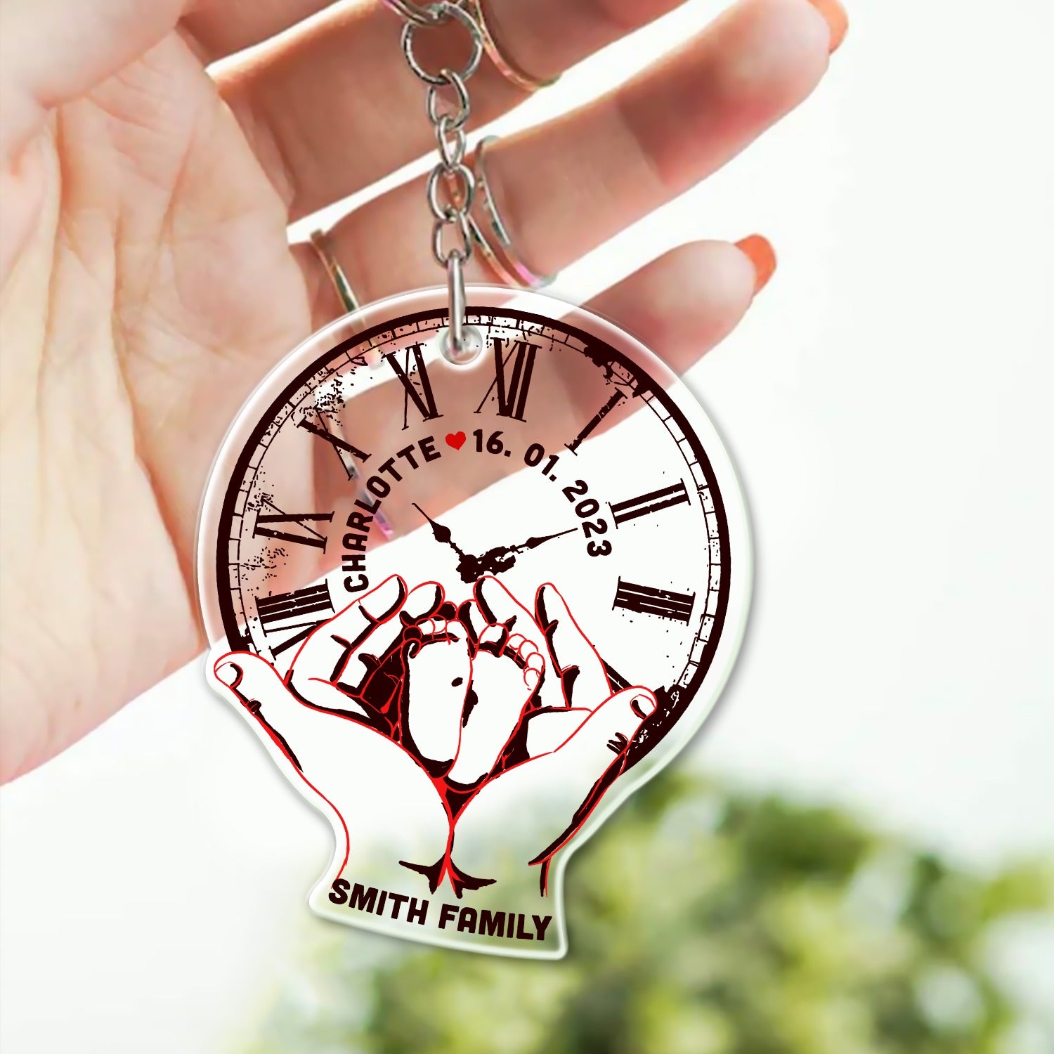 Personalized Baby Foot Clock Acrylic Keychain Customizable baby keychain New Parent Keepsake Wolfantique