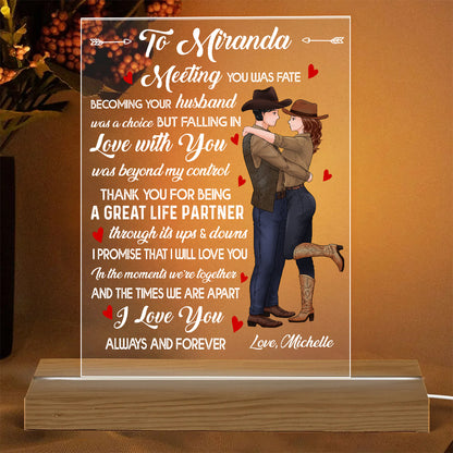 Personalized Couple Cowboy To My Wife Meeting You Was Fate Becoming Your Husband Was A Choice Acrylic LED Light Night