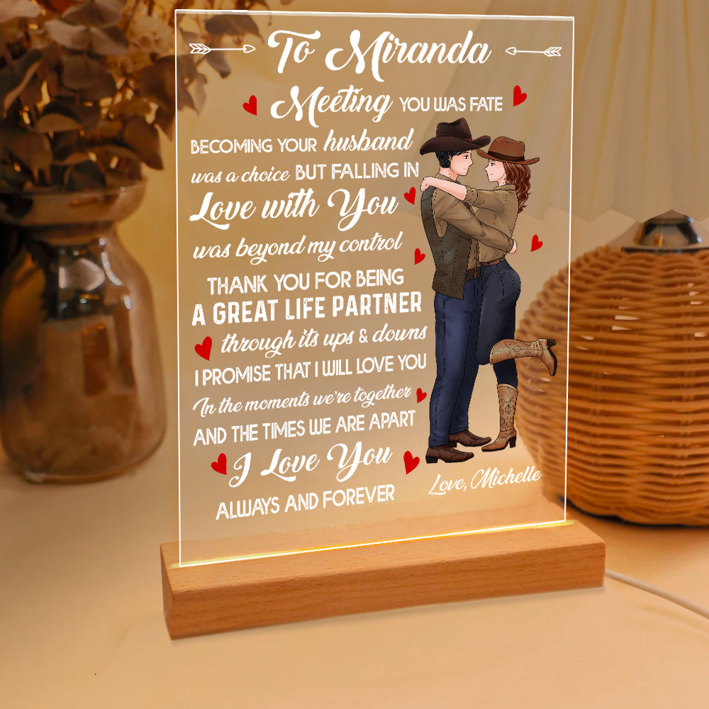 Personalized Couple Cowboy To My Wife Meeting You Was Fate Becoming Your Husband Was A Choice Acrylic LED Light Night