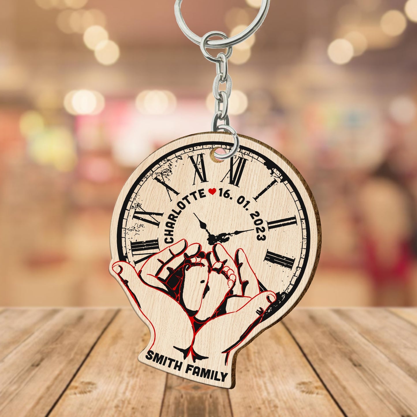 Personalized Baby Foot Clock Wooden Keychain