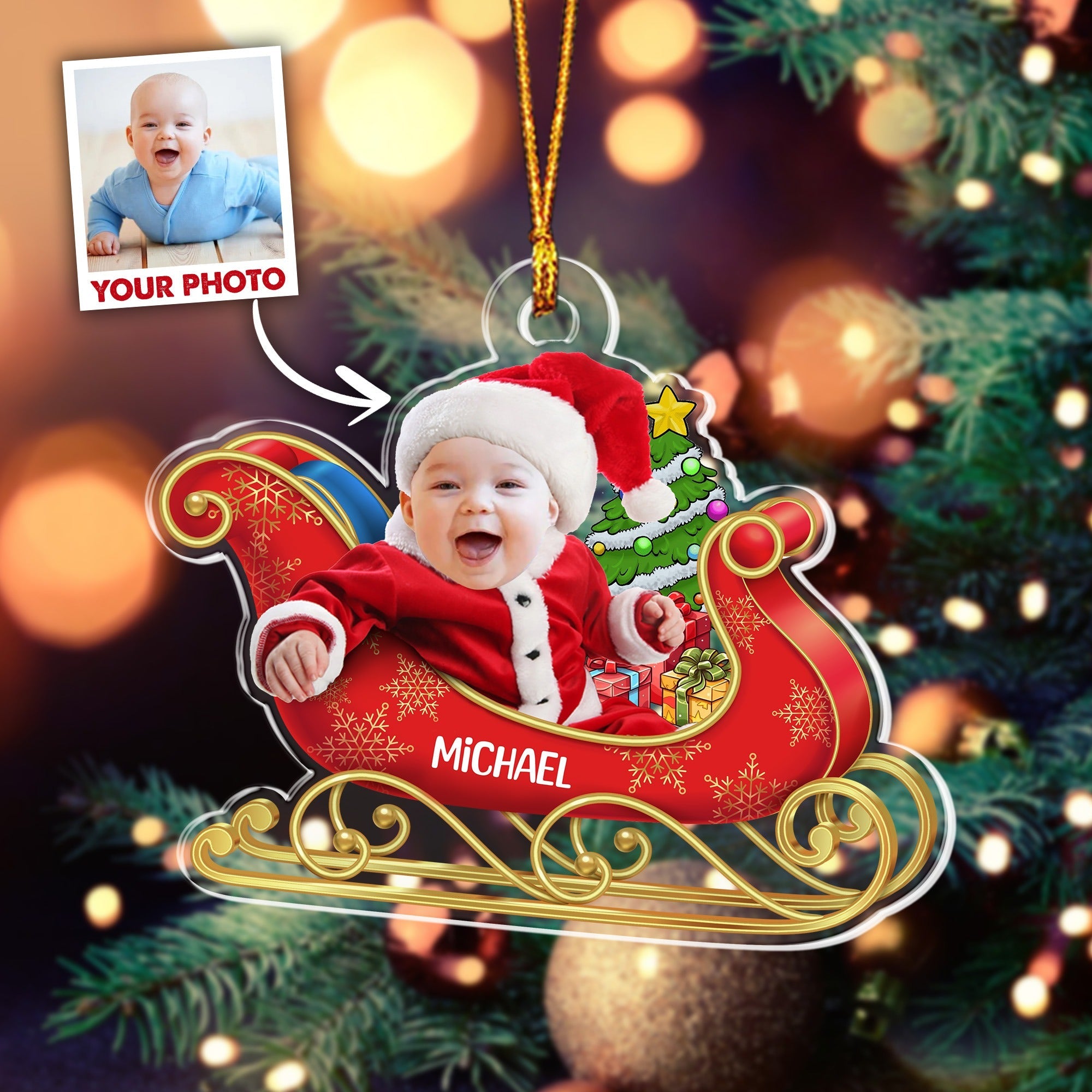 Personalized Baby Face Photo Red Wagon Christmas Acrylic Ornament