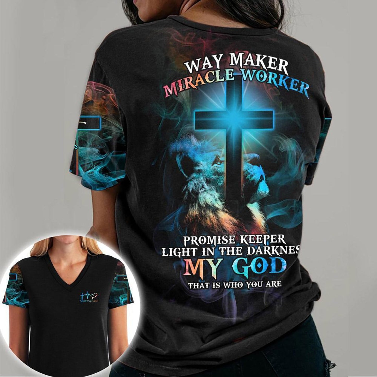 Lion Cross Light Way Maker Miracle Worker Faith Hope Love 3D All Over Print