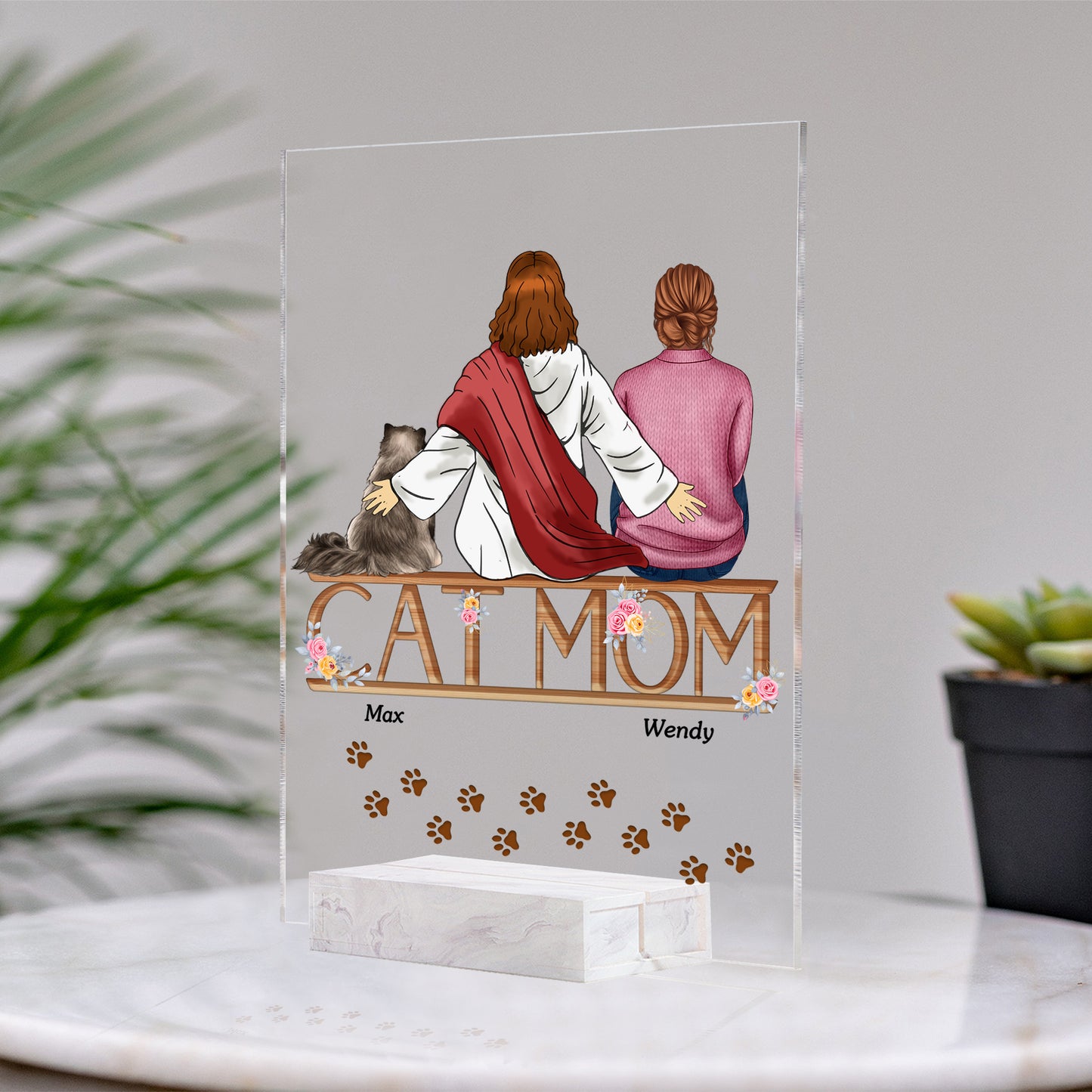 Personalized Cat Mom And Jesus Acrylic Plaque