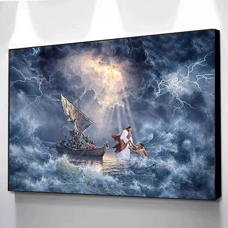 Jesus Walking on Water/Savior In The Storm Canvas Painting Christ Posters and Prints Wall Art Picture for Living Room Home Decor Poster and Canvas