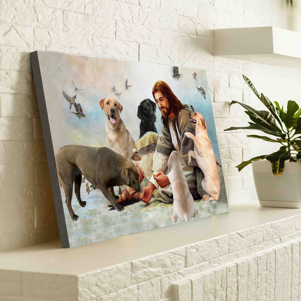 Jesus and The Labradors Christmas Pictures Wall Decor God Surrounded by Dogs Canvas Wall Art Canvas Prints