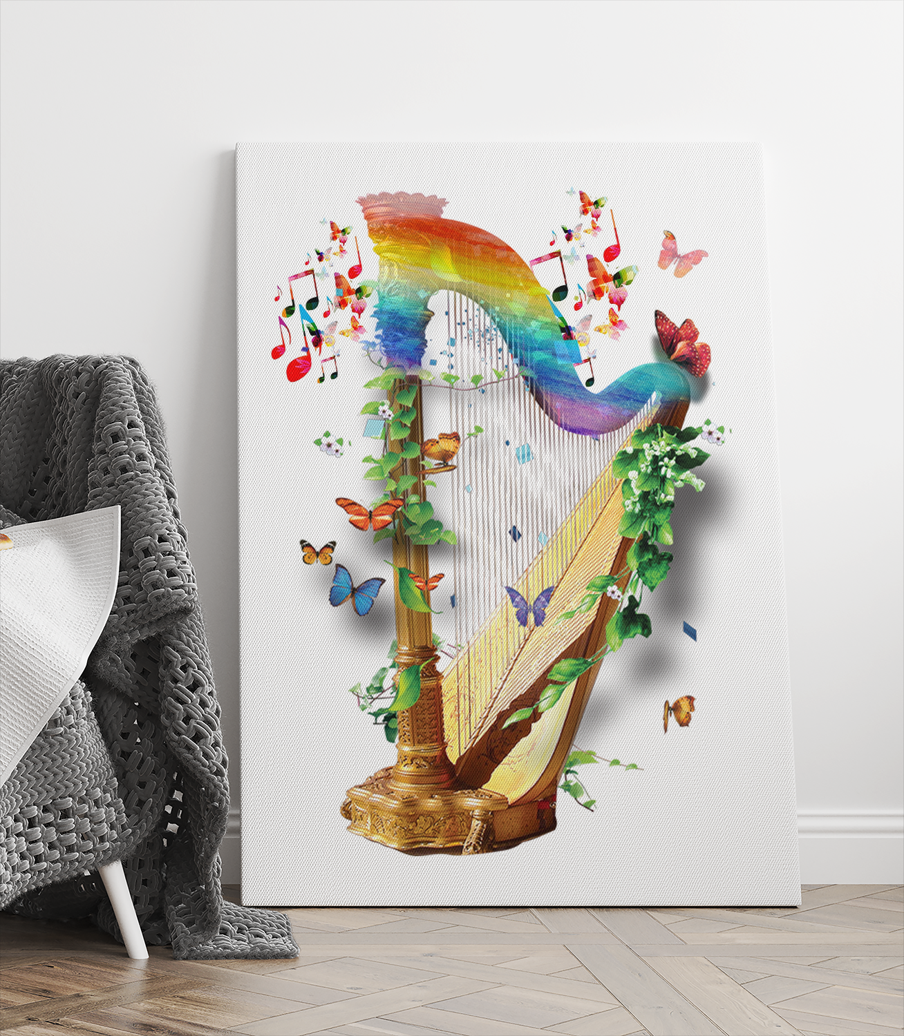 Brown Harp Musical Instrument Beautiful Butterfly And Flower Canvas Prints